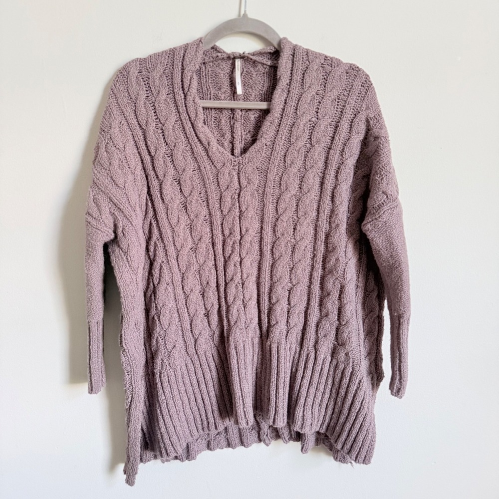 Free People Womens Cable Knit V-Neck Sweater Mauve Purple Oversized Cotton Small
